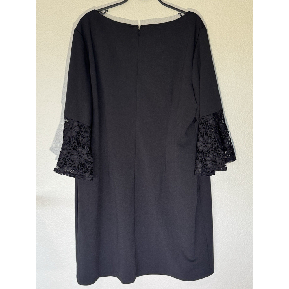 Sharagano Black Shift Dress Lace Bell Sleeves Size 14 Elegant Cocktail Workwear